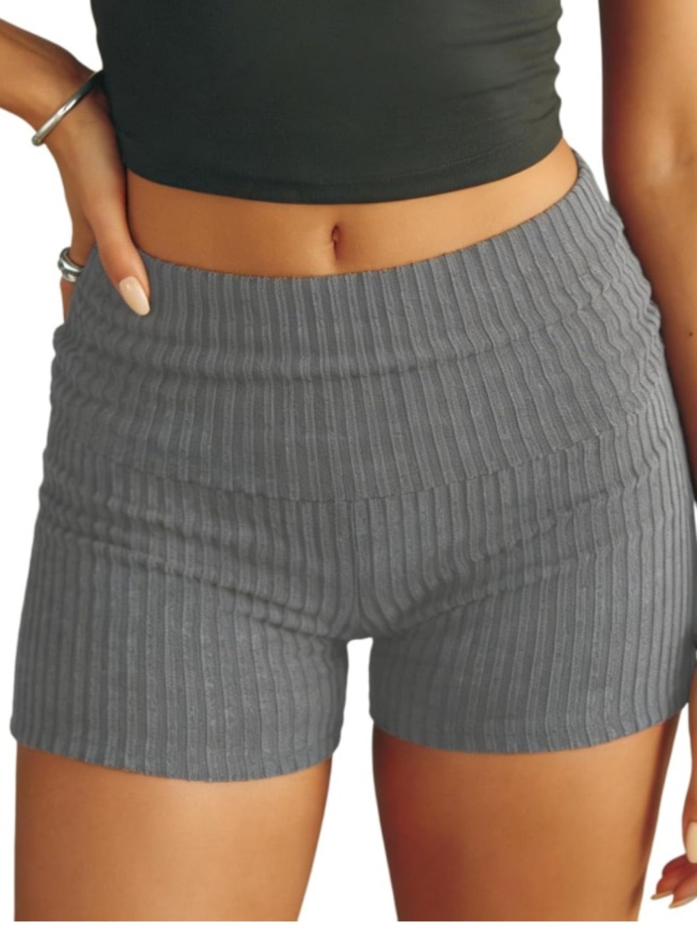 Women's Gray Fold Over Ribbed High-Waist Knit Shorts Size Large